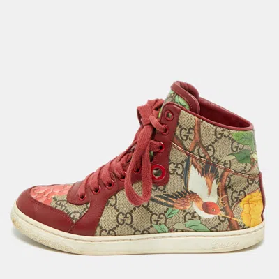 Pre-owned Gucci Size 35 Floral Gg Monogram Canvas And Leather High Top Sneakers In Multi