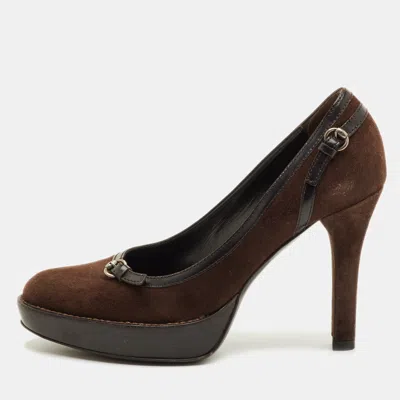 Pre-owned Gucci Size 35.5 Brown Suede And Leather Buckle Detail Round Toe Platform Pumps