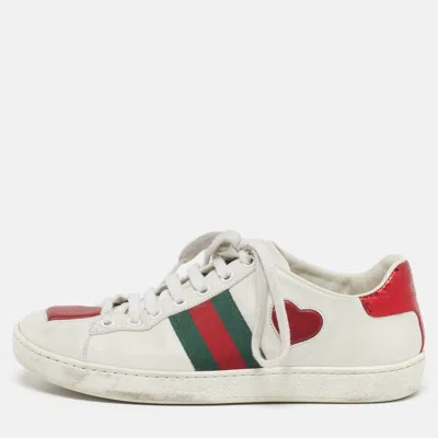 Pre-owned Gucci Size 35.5 White Leather Ace Web Heart Detail Lace Up Sneaker