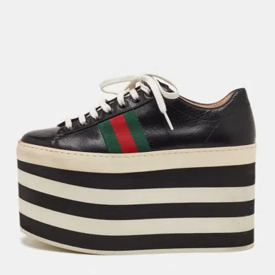 Pre-owned Gucci Size 36 Black Leather Peggy Web Detail Platform Sneakers