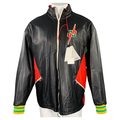 Pre-owned Gucci Size 36 Black Red Color Block Lambskin Leather Varsity Jacket