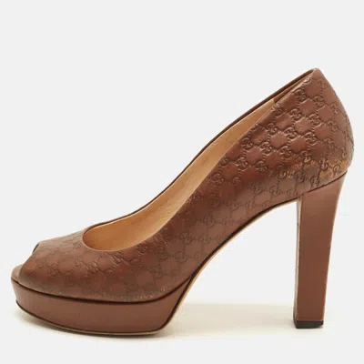 Pre-owned Gucci Size 36 Brown Microssima Leather Platform Pumps