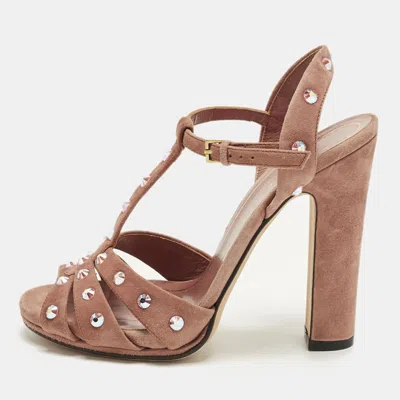 Pre-owned Gucci Size 36 Pink Suede Crystal Embellished T-strap Sandals