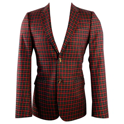 Pre-owned Gucci Size 36 Regular Red Green Navy Plaid Wool Cashmere Sport Coat