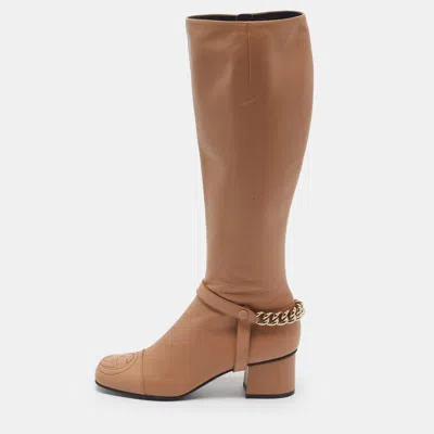 Pre-owned Gucci Size 37 Beige Leather Knee Length Block Heal Boots In Sand
