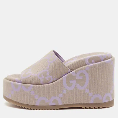 Pre-owned Gucci Size 37 Beige/purple Jumbo Gg Canvas Platform Slide Sandals