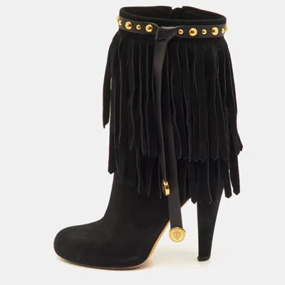 Pre-owned Gucci Size 37 Black Suede Studded Fringe Mid Calf Boots