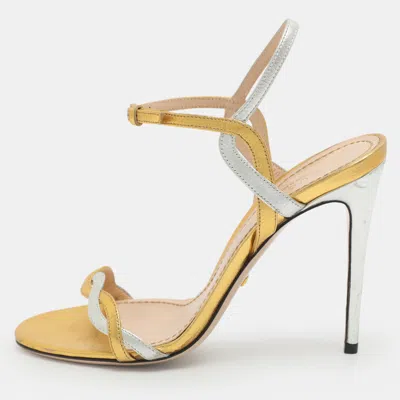 Pre-owned Gucci Size 37 Metallic Leather Ankle Strap Sandals In Silver