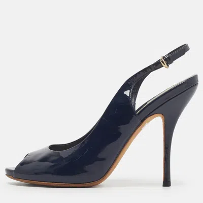 Pre-owned Gucci Size 37 Navy Blue Patent Leather Peep Toe Slingback Pumps