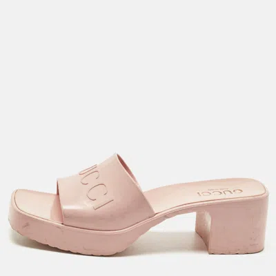 Pre-owned Gucci Size 37 Pink Rubber Logo Slide Sandals