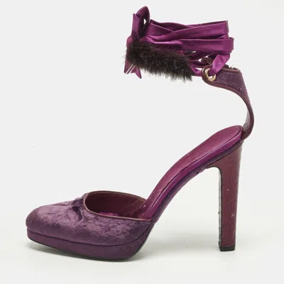Pre-owned Gucci Size 37 Purple Mink Fur And Velvet Ankle Strap Pumps