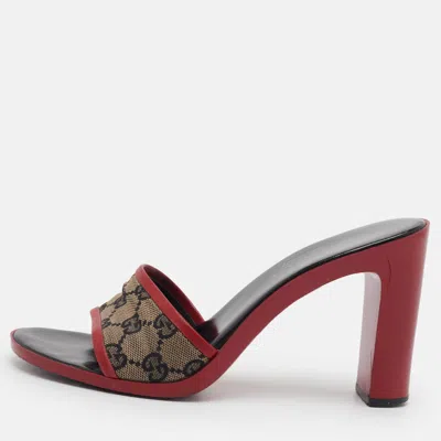 Pre-owned Gucci Size 37.5 Beige/red Gg Canvas And Leather Slide Sandals