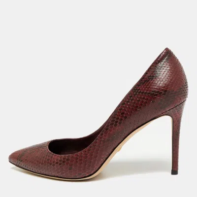 Pre-owned Gucci Size 37.5 Burgundy Python Leather Pointed Toe Pumps