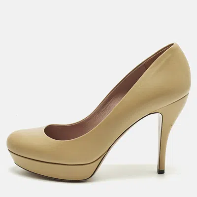 Pre-owned Gucci Size 38 Beige Leather Platform Pumps In Sand