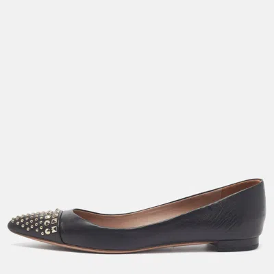 Pre-owned Gucci Size 38 Black Leather Studded Cap Toe Ballet Flats