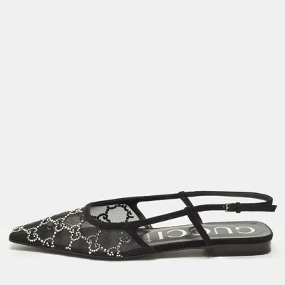 Pre-owned Gucci Size 38 Black Mesh And Suede Crystal Embellished Slingback Flats