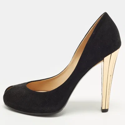 Pre-owned Gucci Size 38 Black Suede Peep Toe Pumps
