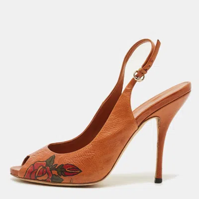Pre-owned Gucci Size 38 Brown Leather Peep Toe Slingback Pumps