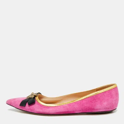 Pre-owned Gucci Size 38 Pink Leather And Suede Bow Bee Embellished Ballet Flats