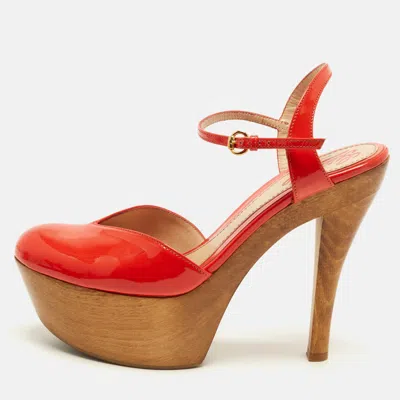 Pre-owned Gucci Size 38 Red Patent Leather Platform Ankle Strap Pumps