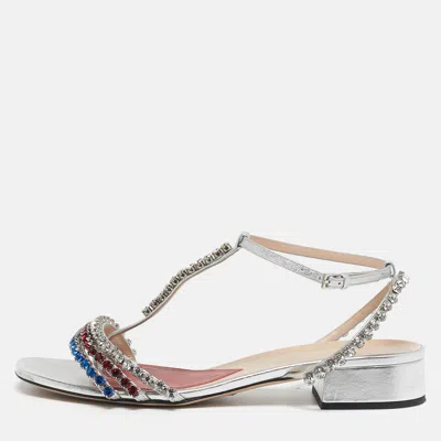 Pre-owned Gucci Size 38 Silver Leather Crystal Embellished Ankle Strap Sandals