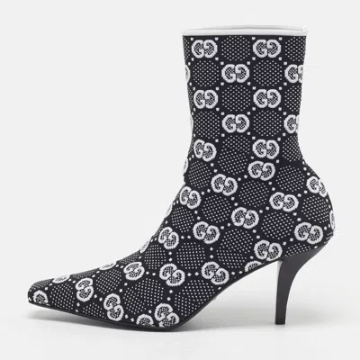 Pre-owned Gucci Size 38.5 Black/white Gg Knit Fabric Ankle Boots