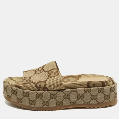 Pre-owned Gucci Size 38.5 Brown Gg Canvas Platform Slide Sandals
