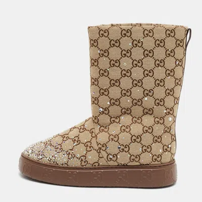 Pre-owned Gucci Size 38.5 Brown Microssima Canvas And Leather Crystal Embellished Snow Boots