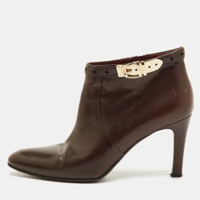 Pre-owned Gucci Size 38.5 Dark Brown Leather Buckle Detail Ankle Length Boots