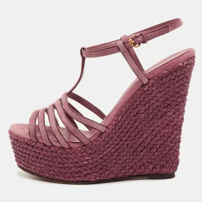 Pre-owned Gucci Size 38.5 Pink Suede Strappy Platform Wedge Espadrille Ankle Strap Sandals
