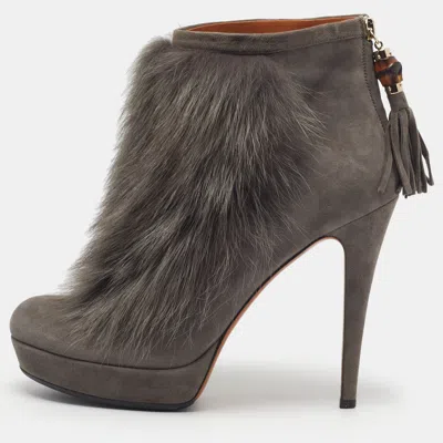 Pre-owned Gucci Size 39 Grey Fur And Suede Bamboo Tassel Ankle Boots
