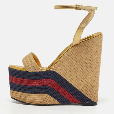 Pre-owned Gucci Size 39 Multicolor Leather And Raffia Espadrille Wedge Ankle Strap Sandals