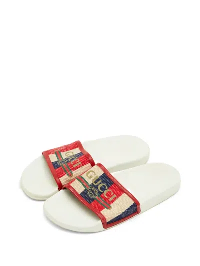 Pre-owned Gucci Size 39 Red Canvas And Leather Logo Pool Slide Sandals