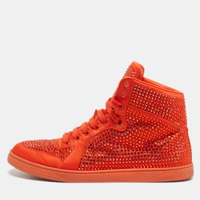 Pre-owned Gucci Size 39.5 Orange Satin Crystal Studs High Top Sneakers