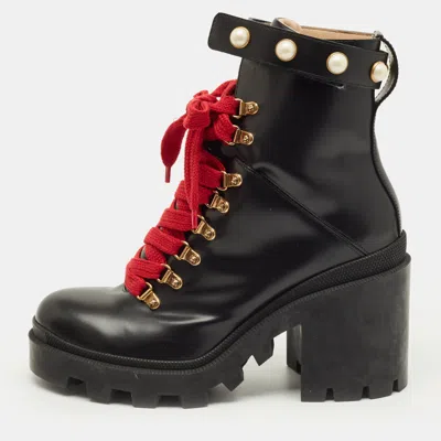 Pre-owned Gucci Size 40 Black Leather Faux Pearl Embellished Ankle Length Boots