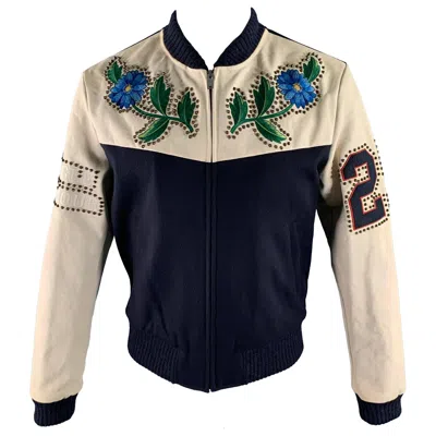 Pre-owned Gucci Size 40 Navy Beige Studded Wool Zip Up Bomber Jacket In Blue