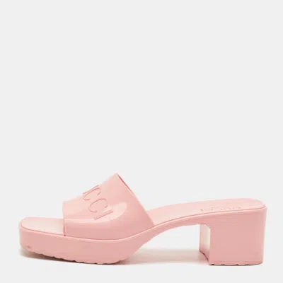 Pre-owned Gucci Size 40 Pink Rubber Logo Block Heel Slide Sandals