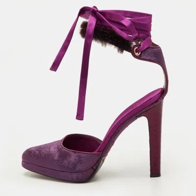 Pre-owned Gucci Size 40 Purple Velvet And Mink Fur Ankle Strap Sandals
