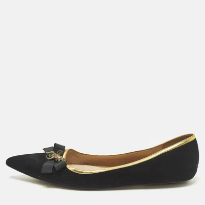 Pre-owned Gucci Size 40.5 Black Leather And Suede Bee Bow Embellished Pointed Toe Ballet Flats