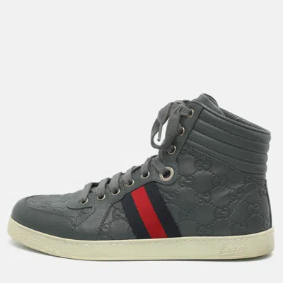 Pre-owned Gucci Size 40.5 Grey Leather High Top Sneakers