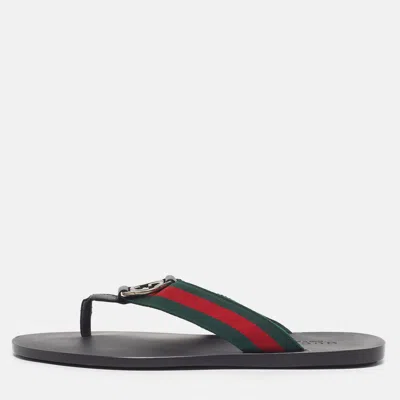 Pre-owned Gucci Size 41 Black Leather Web Strap Interlocking G Thong Flats