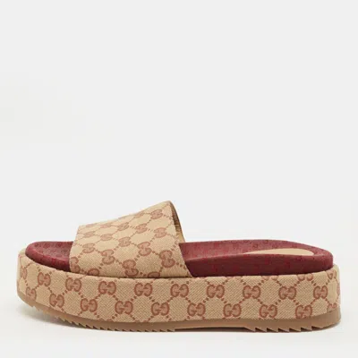 Pre-owned Gucci Size 42 Beige Gg Monogram Canvas Slide Sandals