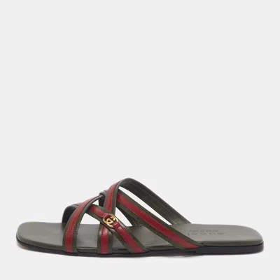 Pre-owned Gucci Size 42.5 Green/red Leather Crisscross Flat Slides