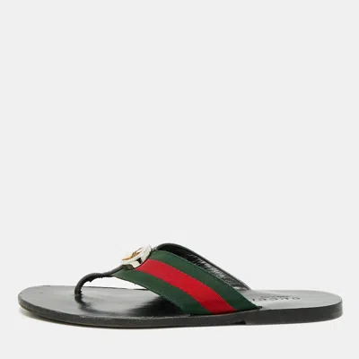 Pre-owned Gucci Size 43 Black Leather Gg Web Thong Flat Slides