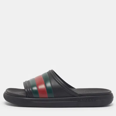 Pre-owned Gucci Size 43 Black Rubber Web Flat Slide