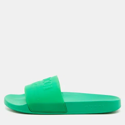 Pre-owned Gucci Size 43 Green Rubber Logo Pool Flat Slide Sandals