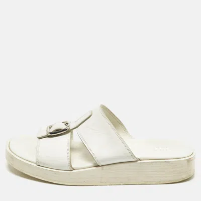 Pre-owned Gucci Size 43 White Leather Double Strap Flat Sandals