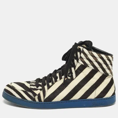 Pre-owned Gucci Size 44 Brown/white Calf Hair Zebra Print High Top Sneakers