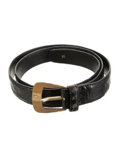 Pre-owned Gucci Skinny Embossed Leather Belt In Black
