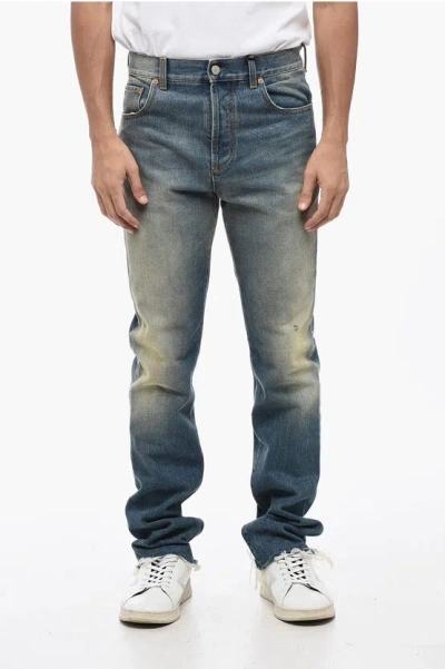 Gucci Skinny Fit Vintage Wash Denims With Fringed Hem 16cm In Blue